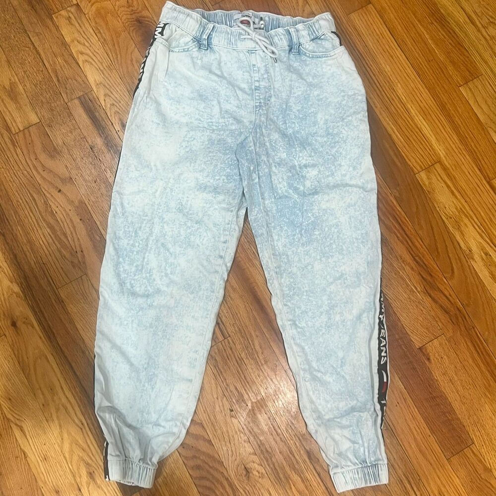 Tommy Jeans Acid Wash Denim Joggers Sweatpants XXS Elastic Waist Logo Tape